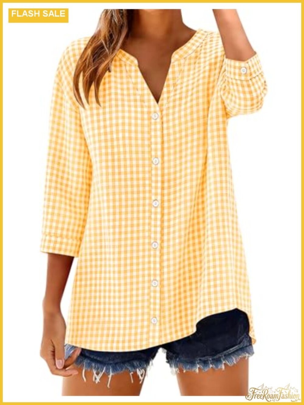 Women's Cotton 3/4 Sleeve Button Down Shirt, V-Neck, Gingham Plaid & Striped